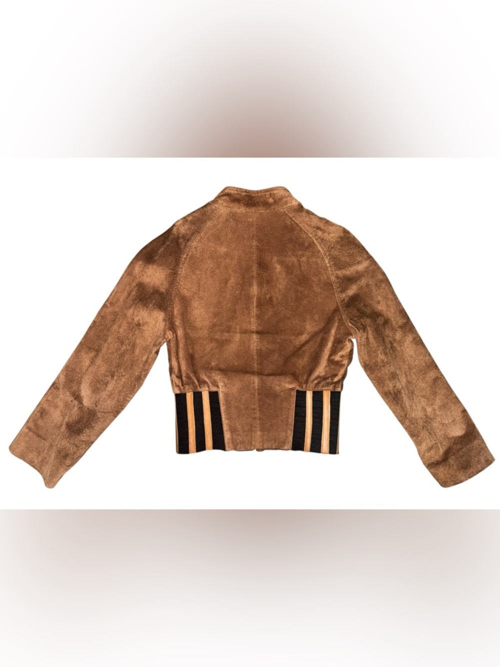 Cognac Suede Bomber Jacket with Striped Elastic Waist - Picture 4 of 11
